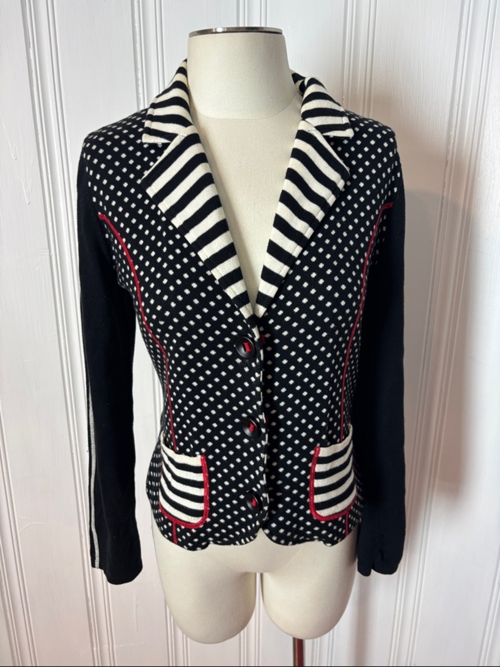 BETTY BARCLAY Polka Dot & Stripe Knit Cardigan 100% Cotton | Size EU 36 / US 6